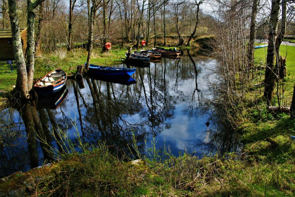 A line of open wooden rowing boats lies moored along the bank of a narrow, sheltered channel in Killarney National Park, County Kerry, the water so still it holds an unbroken mirror image of the bare trees and blue sky. The nearest boats ar