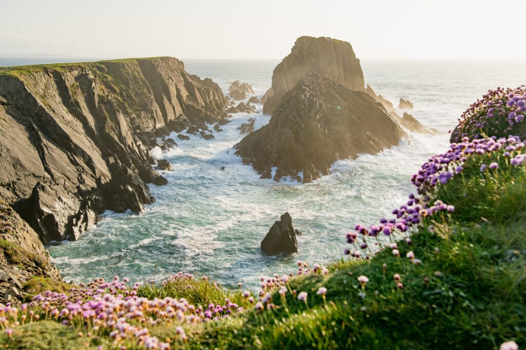The sea stacks known as Hell's Hole and the Scheildren at Malin Head, County Donegal - the northernmost point of Ireland, on the Wild Atlantic Way. The view looks down a steep inlet: layered grey-brown rock cliffs, sharply bedded and folded