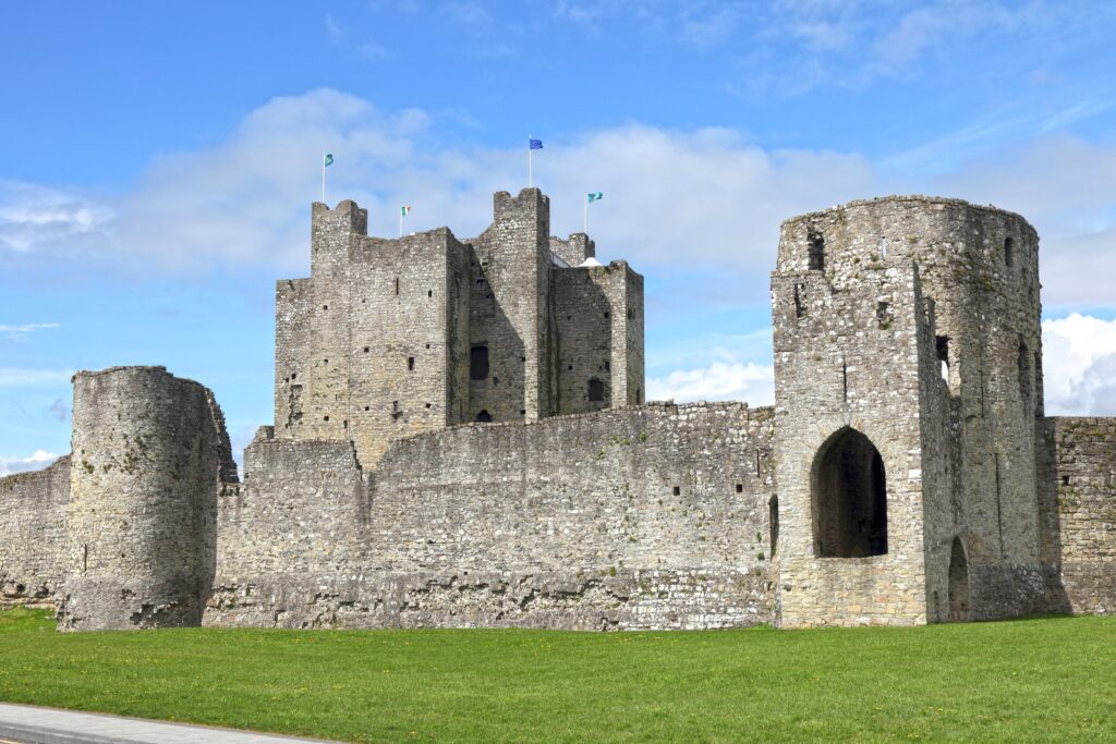 Trim Castle, County Meath, Ireland, seen from ground level outside the curtain wall on a bright day. The long grey limestone curtain runs across the frame, battered at the base and broken along the top, with a tall round-fronted gate tower